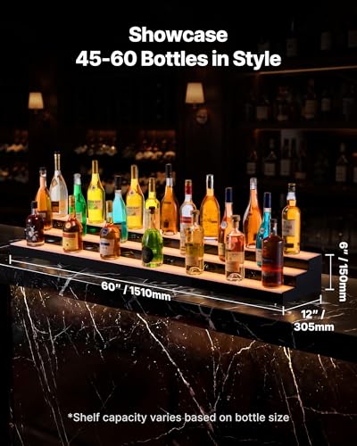 Image of VEVOR LED Lighted Liquor Bottle Display, 3 Tiers 60 inches, Acrylic Illuminated Home Bar Shelf Display with RF Remote & App Control, DIY Setup with Type-C Cables, 9 Static Colors, for 45-60 Bottles