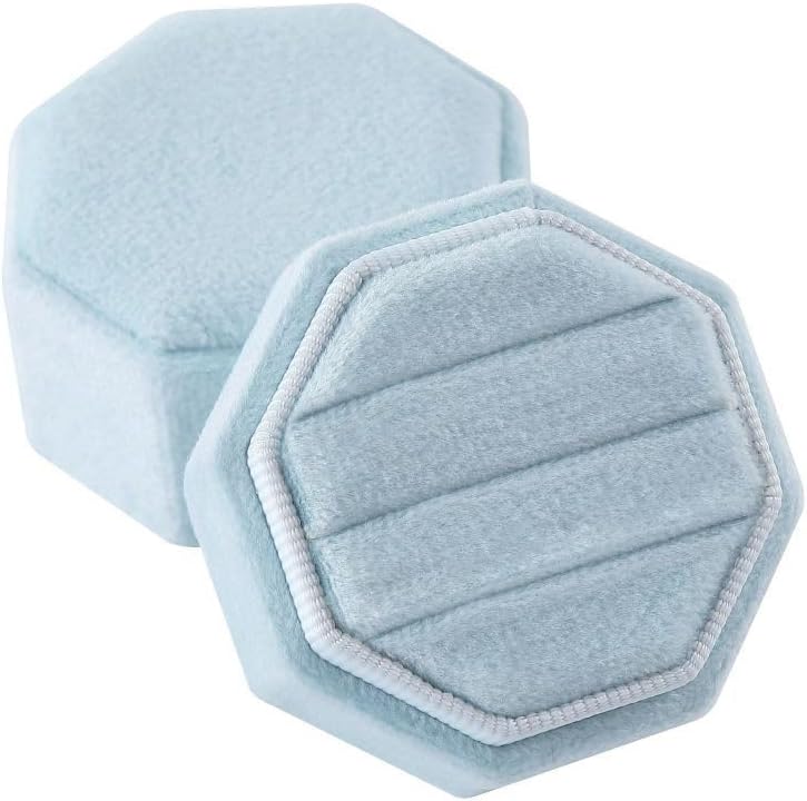 Velvet Ring Box Octagon Shape 3 Slots Jewelry Box Triple Slots Ring Box Display Holder Elegant Jewelry Storage Box Gift for Proposal Engagement Anniversary Ceremony (Light Blue)