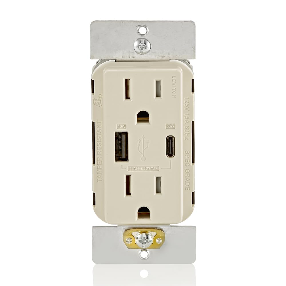 Leviton T5634-T 60W (20V@2.5A+ 5V@2A) USB Dual Type A/Type-C Power Delivery in-Wall Charger with 15A Tamper-Resistant Outlet, USB Charger for Smartphones, Tablets, Laptops, Light Almond