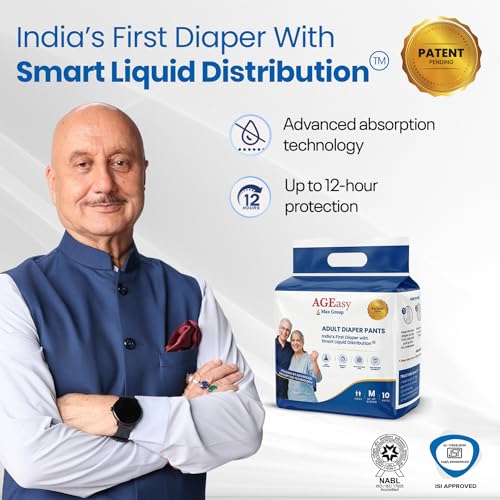Image of AGEasy (Max Group) Adult Diapers | India's First Smart Liquid Distribution Pants | Gel-Lock Absorption | Up to 12-Hour Dryness | Anti-Sag | Invisible Fit | Odor Control | Unisex Fit (M - Pack of 4)