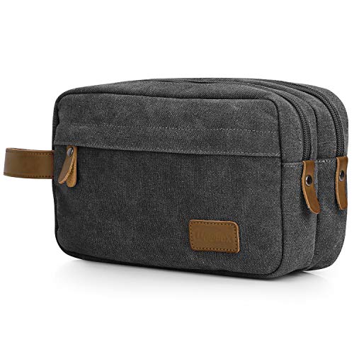 WOWBOX Travel Toiletry Bag for Men Women Water Resistant Canvas Travel Bag for Toiletries Makeups Cosmetics,Mens Shaving Dopp Kit Case Bathroom and Shower Organizer Kit with Leather Handle Black