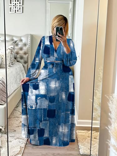 Image of Plus Size Women's 2 Piece Outfits Printed Casual Long Sleeve Wrap Crop Top Maxi Long Dress Flowy Matching Sets