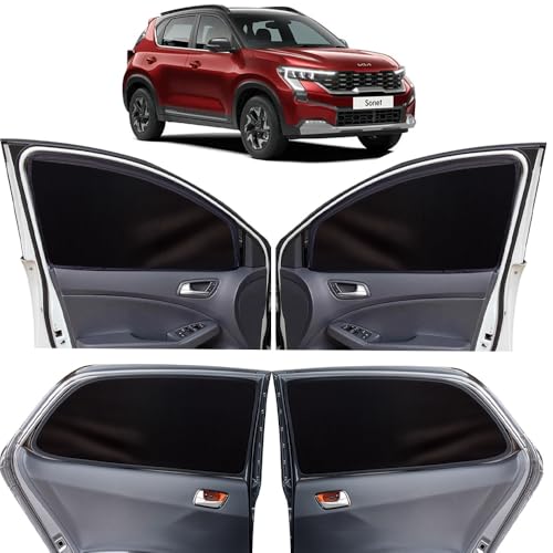 Image of OTO2EYE Car Sun Shade Compatible for Kia Sonet Model 2020 to 2024, Z-Black Super Magnetic Grip, Front Window Zipper, Side Window Curtains, 4 Pieces Set