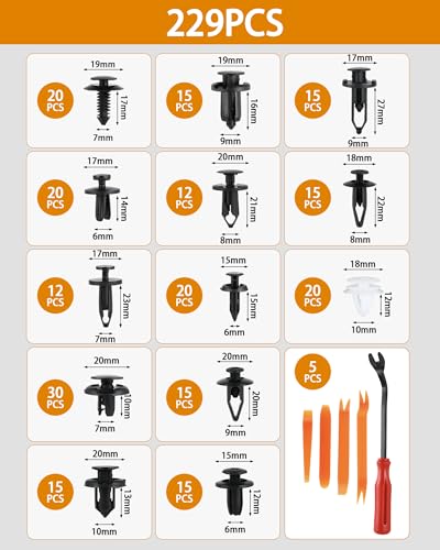 Set clips de fijación para coche – grapas coche, remaches plastico coche, remaches expansibles y tornillos de carrocería para paneles, parachoques y aletas, 229 piezas - imagen 2