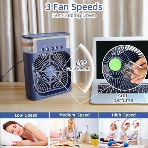 Image of Mabron BUY ONE GET ONE Humidifier Air Cooler Mini Table Fan for Home with 3 Speed Mode with Water Spray, 7 Color LED & Timer, USB Personal Cooler Desk Fan for Shop, Office, Kitchen (Blue) Multicolor