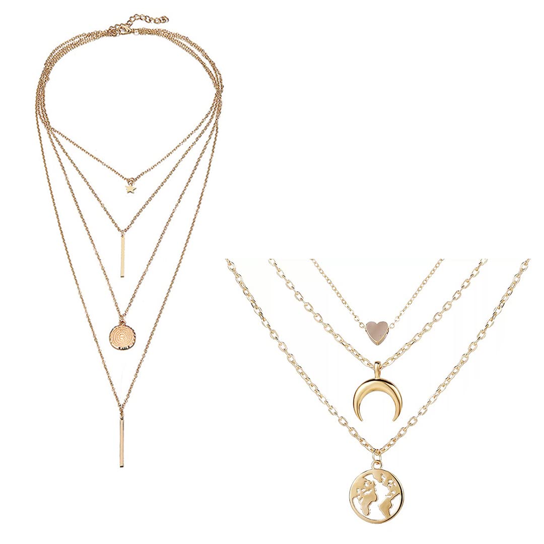 Vembley Combo of 2 Golden Star Coin Line & Heart Moon Earth Pendants Layered Necklace For Women and Girls (B09X5NCM62) Amazon Price History, Amazon Price Tracker