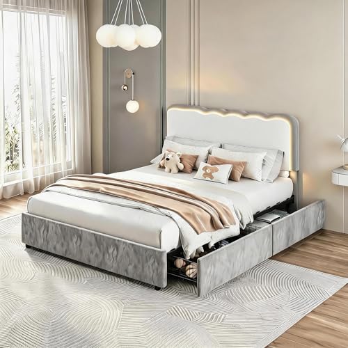 Image of Garvee Irregular Wave LED 2-Drawer Soft Upholstered Bed, Soft Padding