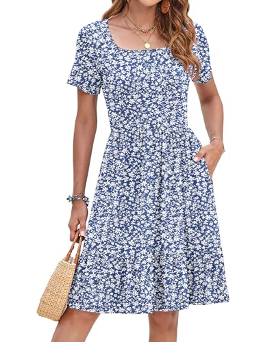Image of AUSELILY Womens Summer Dresses 2025 Casual Short Sleeve Dress Square Neck A-Line Ruffle Sundress with Pockets
