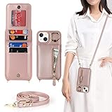 DEYHU iPhone 14 Case with Card Holder for Women, iPhone 14 Phone Case Wallet with Strap Credit Card Slots Crossbody with Kickstand Zipper Shockproof Case for iPhone14 - Rose Gold