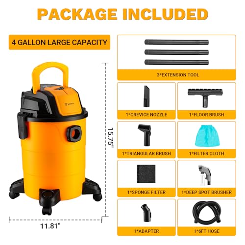 DEKOPRO Shop Vacuum Wet and Dry:4-Gallon 3 Peak HP Portable Shop Vac, Car Vacuum with 6Ft Hose, 10 Ft Cord, Wet Dry Vacuum Cleaner with Filter and Brush Accessories for Homes, Pets, and Cars by DEKOPRO - Image 4