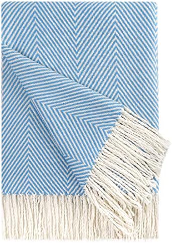 PiccoCasa Decorative Throw Blanket with Fringes in Herringbone Design, Farmhouse Outdoor Faux Cashmere Throws for Sofa, Chair, Bed Knitted Decorative Blanket 130x170cm/ 51"x61" Blue