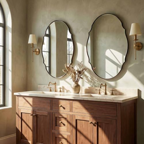 Image of ANDY STAR 30x40 Large Brushed Bronze Scalloped Oval Bathroom Vanity Mirror