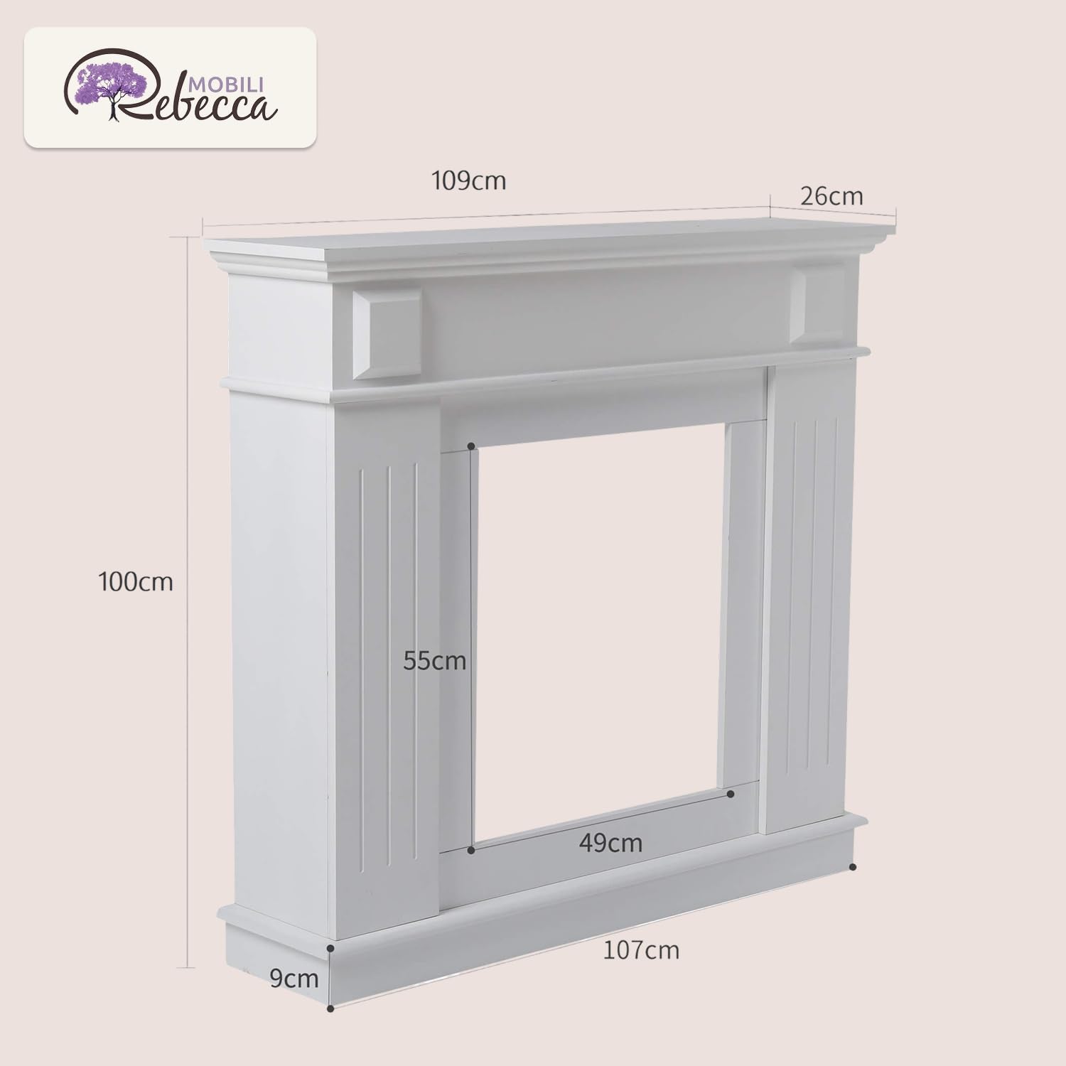 Rebecca Mobili Cornice decorativa caminetto, decorazione camino bianca, di legno, stile tradizionale, per soggiorno - Misure 100 x 109 x 26 cm (HxLxP) - RE4800