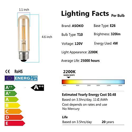 T10 Led Bulbs 2200K Warm White, 4W Amber Colored Tubular Edison Light Bulbs, E26 Medium Base,40 Watt Equivalent, Dimmable Tube Vintage Led Bulbs, Led Filament Bulb For Desk Lamp, Display Pendant Light #TOP2