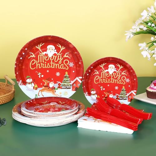 Christmas Paper Plates and Napkins Set, Christmas Plates Cups Napkins Forks Tablewares Party Supplies Serve 24 – Image 8