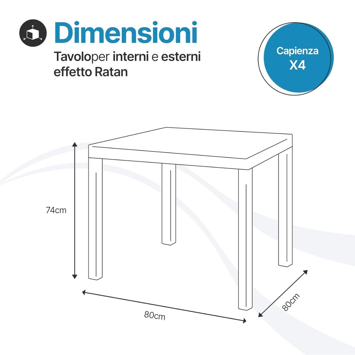 Tomaino - Set Tavolo e Sedie per Esterno in Plastica Effetto Rattan - Set Elba 1 Tavolo Quadrato con 4 Sedie Impilabili da Giardino, Terrazzo, Balcone per Bar e Ristoranti