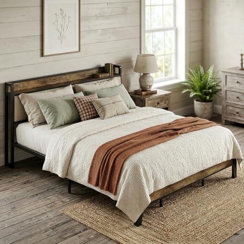 Image of LIKIMIO King Bed Frame, Storage Headboard with Charging Station, Solid and Stable, Noise Free, No Box Spring Needed, Easy Assembly (Walnut and Beige)