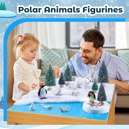 Image of 19 Pcs Arctic Animals Figurines Set Polar Animal Figurine Polar Bear Penguin Figurines Winter Animal Toy Figures Pine Trees Artic Diorama Supplies for School Project Sensory Bin Filler DIY Craft Gifts