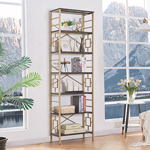 Homissue Bookcase,7-Tier Tall Bookshelf Metal Bookcase And Bookshelves, Free Standing Storage Modern Bookshelf For Home Office Living Room And Bedroom, Black & Gold #TOP2