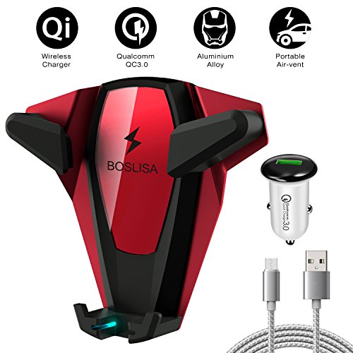 BOSLISA Wireless Car Charger X-Man, Wireless Fast Charger Car Mount iPhone X/Xs/Xr Samsung Note 9/8/7 (Red)