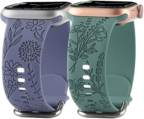Flower Engraved Silicone Band Compatible with Apple Watch Bands 38mm 40mm 41mm, Cute Women Wildflowers Floral Design Soft Sport Strap Replacement Wristbands for iWatch Series 8 7/SE/6/5/4/3/2/1 (38/40/41mm, Green Lavender)