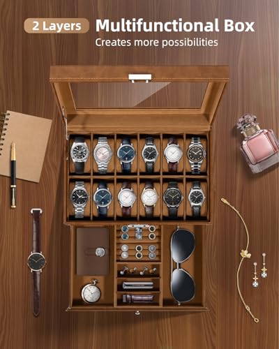 Image of Uten 12-Slot Watch Box, 2-Layers PU Leather Watch Case with Glass Lid, Watch Holder Organizer with Soft Pillow and Velvet Lining, Watch and Jewelry Storage Box, Brown