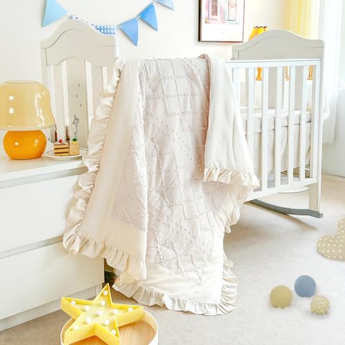 Image of Wowelife Crib Bedding Set for Girls, 3PCs Boho Crib Comforter Set Beige, Ruffle Baby Crib Bedding Set Nursery Bedding Sets for Girls and Boys, Include Quilted Comforter, Crib Skirt and Sheet, Beige