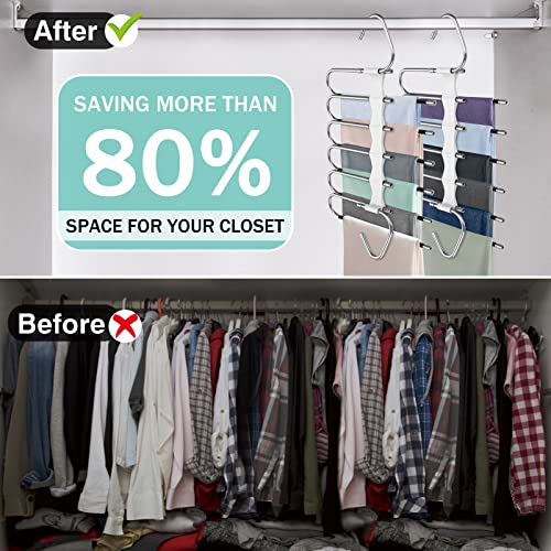 Besslly Upgrade 6 Layers Pants Hangers Space Saving, 2Pack Stainless Steel Multifunctional Rack Non Slip S-Type Clothes Jean Hanger Closet Organizer For Jeans Leggings Trousers Skirts Scarf, White #TOP1