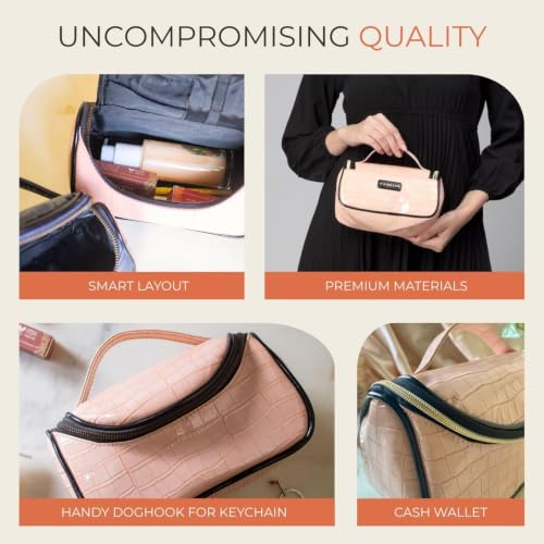 Image of HAMELIN Cosmetic Travel Bag for Women | Women's Makeup Travel Bag Portable Cosmetics Bag | Large Capacity Makeup Bag with Handle | Wide Opening Makeup Organizer | (Soft Pink)