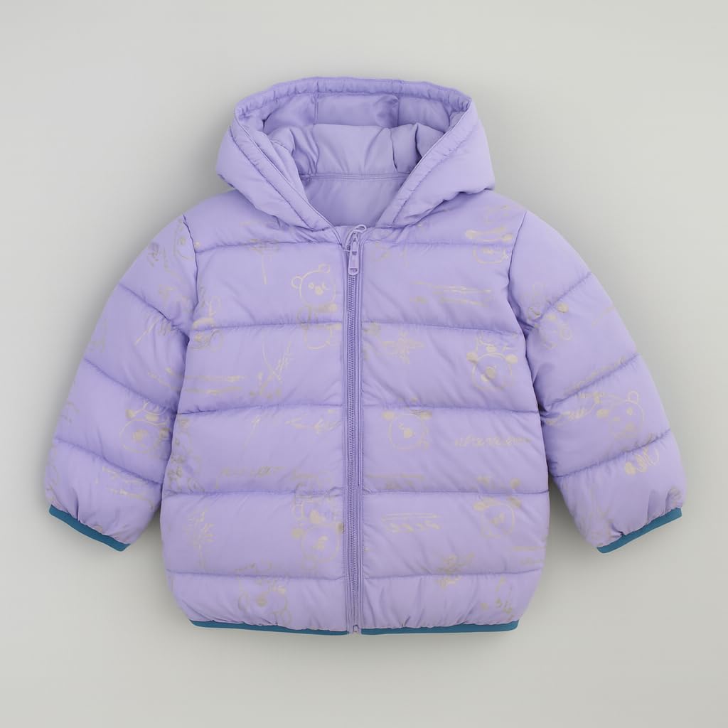Bold N Elegant Girls Full Sleeve Winter Shiny Jacket with Silver Bear Print | Party Winter Coat Hoodie Jacket for Infant Toddler Baby Girls (IN, Age, 6 Months, 12 Months, Purple) 1