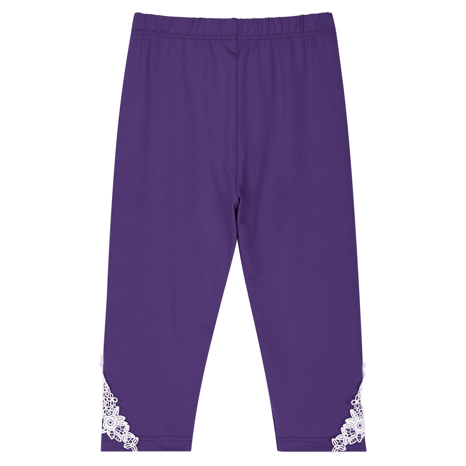 Girls Lace Trim Leggings 3/4 Length Capri Pants High Waist Stretchy Yoga Cropped Bottoms (Purple, 8-9 Years)