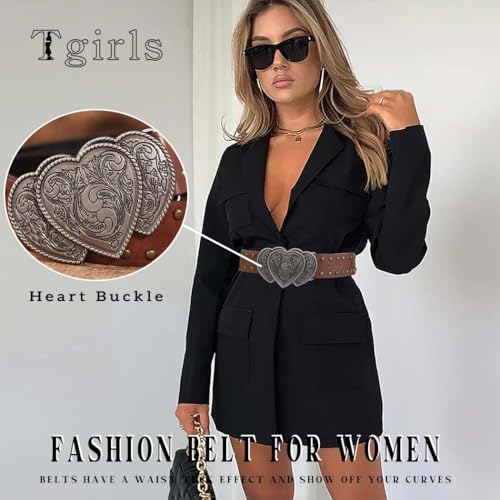 Tgirls Western Belts for Women Vintage Leather Belts Cowgirl Belt with Heart Buckle4