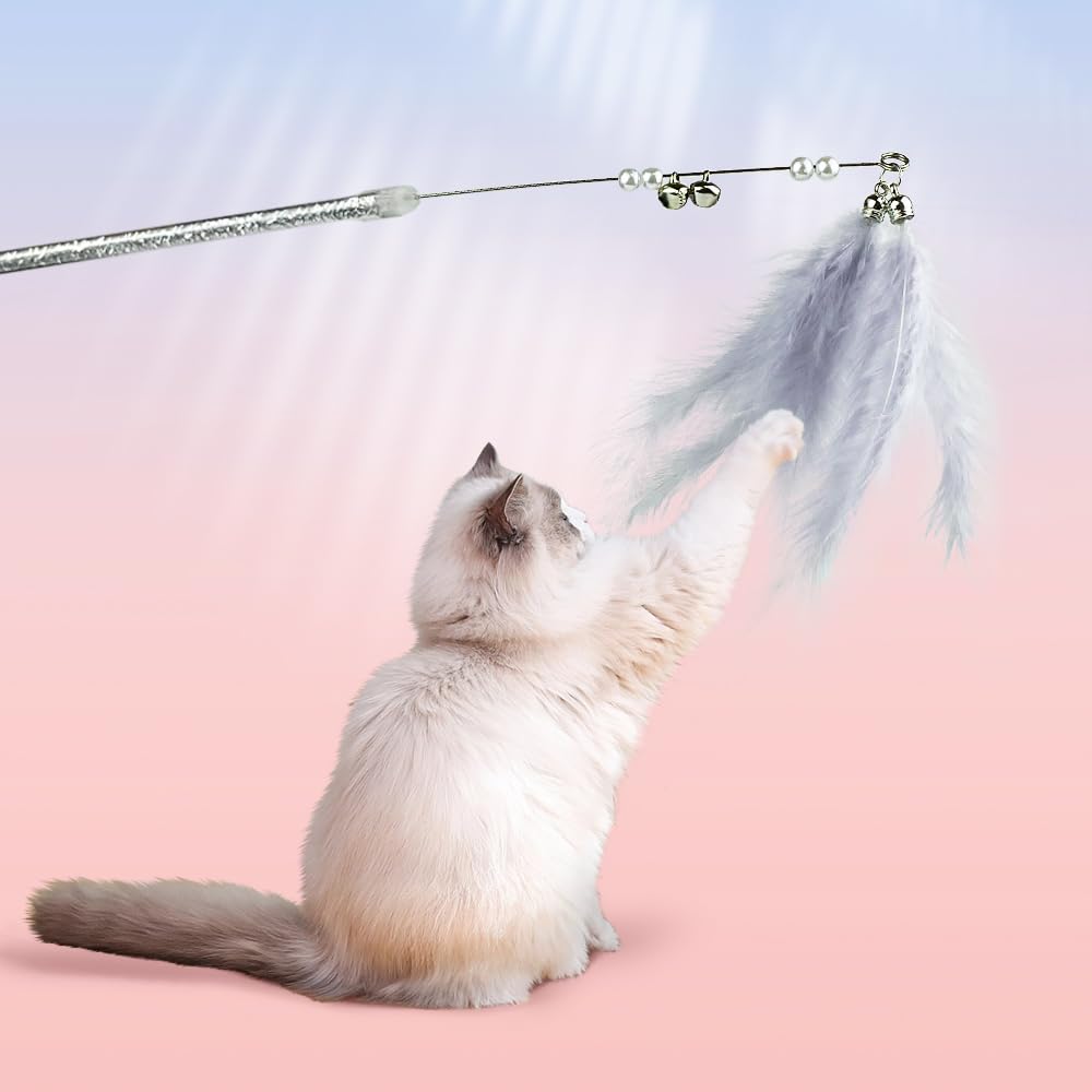 Pawfect Tail Cat Wand Toys, 5Pcs Interactive Kitten Feather Wand Toys for Bored Indoor Cats, Cat Teaser Wand with Bell and Crinkly Paper, Grey