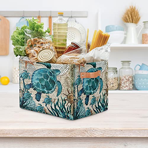 Image of Ocean Turtle Rectangular Storage Bin, Sea Turtle Storage Basket with Handles, Toy Bins, Laundry Hamper, Books Clothes Bag, Gift Baskets for Nursery Home Closet