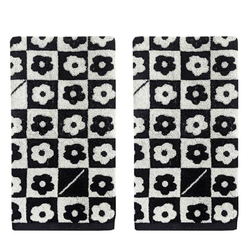 Lacomfy Black Hand Towels Set of 2 Floral Checkered Pattern