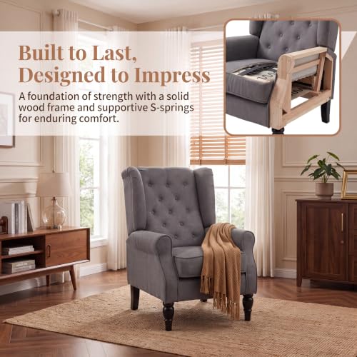 Image of Tufted Wingback Accent Manual Single Lounge Recliner Chair, Gray | Tufted Wingback Accent Chair, Upholstered Single Lounge Chair with Solid Wood Legs