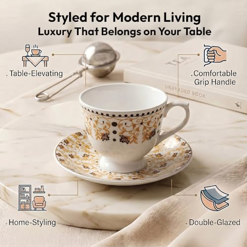 Image of U.P.C.Cup & Saucer Set of 12 Pcs | Golden Brown Floral Vine & Polka Dot Printed Bone China Tea Coffee Set | Gift for Home & Kitchen
