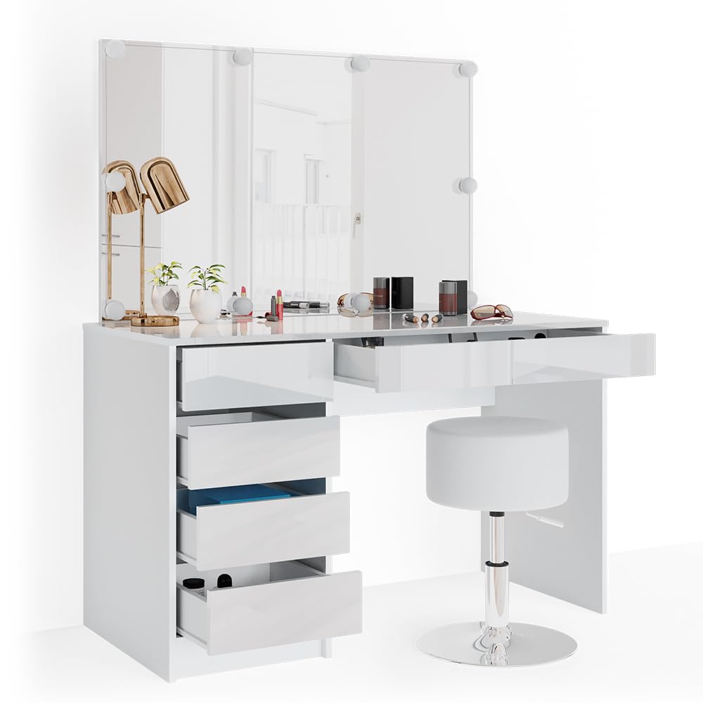 Vicco Schminktisch Sherry, Weiß, 120 cm | mit LED Beleuchtung und Hocker, geeignet zur täglichen Nutzung mit stabilem Untergestell