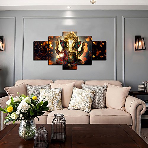 Amemny Canvas Painting Wall Art Home Decor For Living Room Hd Prints 5 Pieces Elephant Trunk God Modular Poster Ganesha Pictures Wooden Office Bathroom Framed Ready To Hang #TOP4