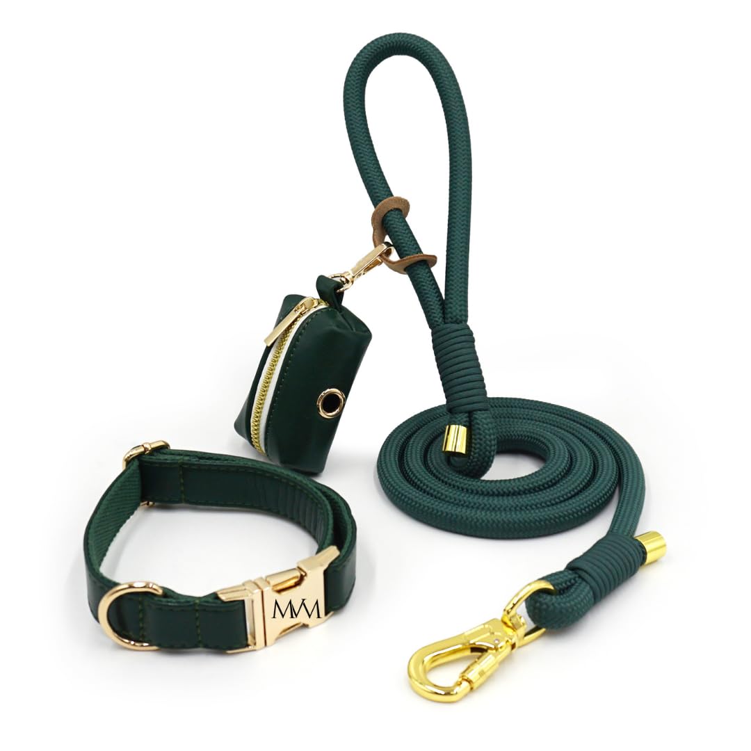 MVM Hundeleine mit Halsband & Kotbeutelspender Set - Wasserdicht & Pflegeleicht - PU Leder & Geflochtenes Nylon - Goldene Verschlüsse - Verstellbar Kleine, Mittlere & Große Hunde - [Dunkelgrün,