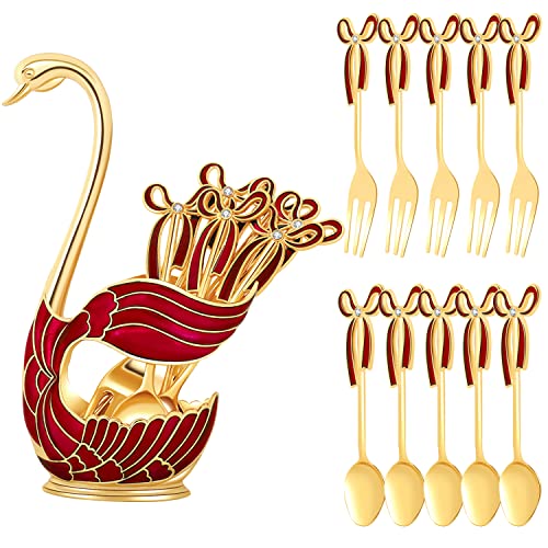 Gusnilo 11PCS Creative Spoon Dessert Fork Dinnerware Set,Swan Base Holder with 5 Forks and 5 Spoons Metal Dinnerware Set Mini Dessert Spoons Use for Family Dessert Shop (Red,Swan)