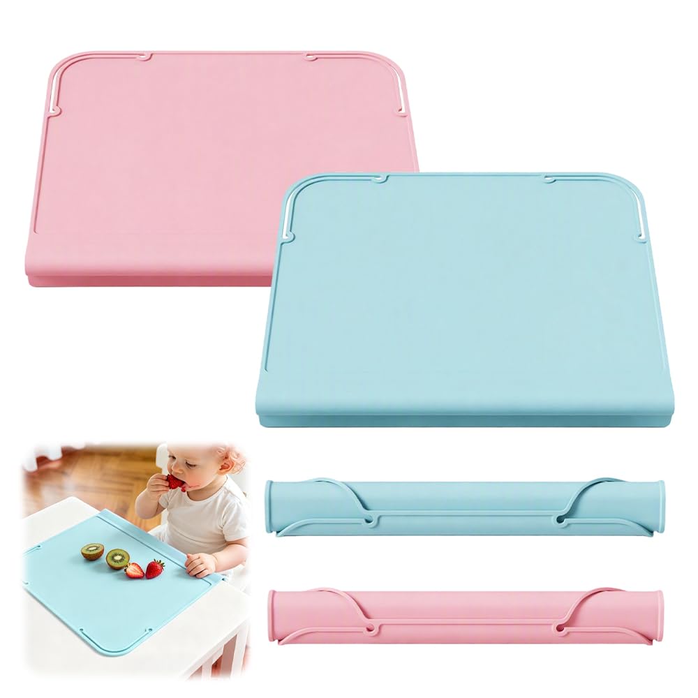 LUFEIS Silicone Placemats, Non-Slip Table Mats with Teething Edge & Integrated Strap Design, Portable Stain-Resistant Placemats, Food Mat & Activity Mat for Dining Table & Restaurant (Pink and Blue)
