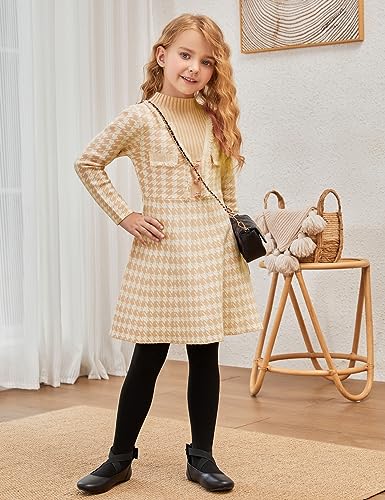 Jxstar Girls Knitted Sweater Dresses Kids Houndstooth Flare Winter Dress3