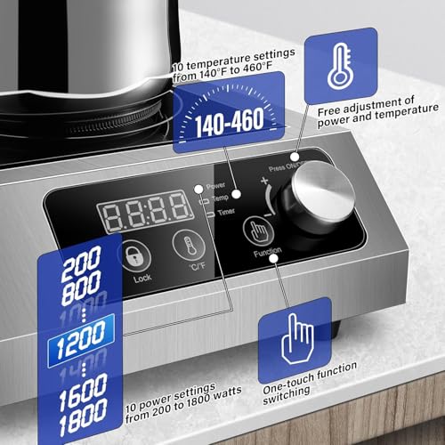Image of 1800W Commercial Induction Cooktop: Features 10-Level Precision Power Control and Low-Noise Cooling for Home Chefs and Party Catering,With Knob and LCD Screen