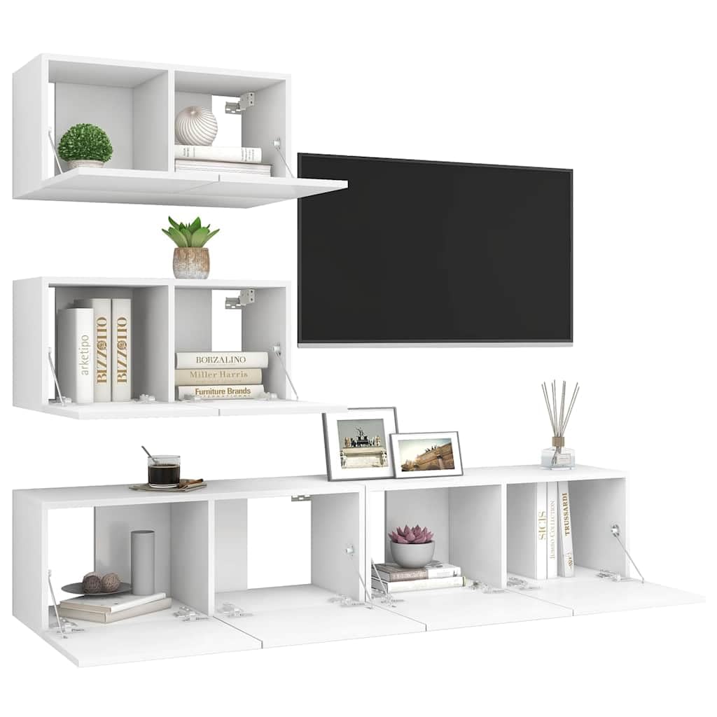 Set di 4 mobili TV sospesi da parete in legno bianco