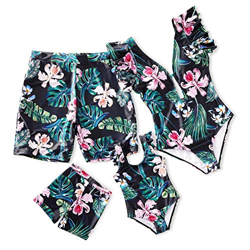 IFFEI Family Matching Swimsuits One Piece Monokini Floral Ruffle Matching Swimwear Mommy and Me Bathing Suits Men's-Large Black