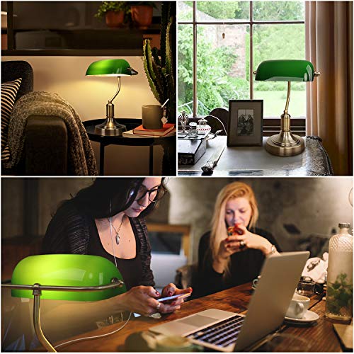 Green Glass Banker’s Lamp with 2 Fast USB Charging Ports, 3 Way Dimmable Desk Lamp, Touch Control Vintage Table Lamp for Workplaces, Library, Bedroom, Piano Style Lamp
