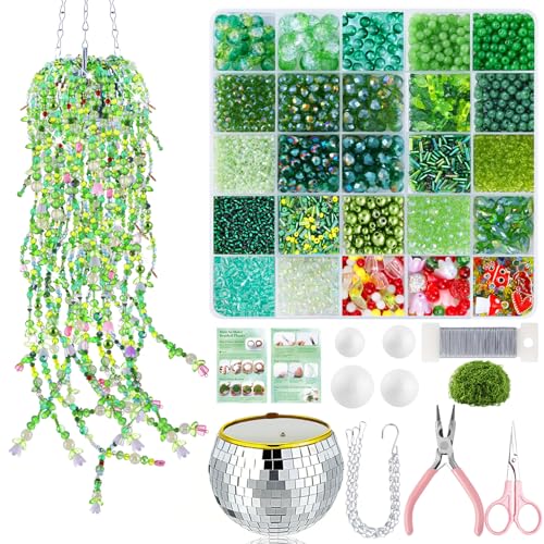 FOGWOWO 5057 Pcs Beaded Plant Kit Glass Green Beads with Disco Ball & Chain