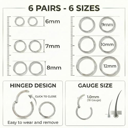 6Pairs Nose Rings Hoops - 316L Surgical Steel Hinged Nose Hoops 16G/18G/20G Clicker Septum Nose Ring Lip Helix Cartilage Hoop Earring Daith Rook Conch Body Piercing Jewelry for Women Men 6mm 7mm 8mm 9mm 10mm 12mm (Silver, 18 gauge(1mm)) by Staligue - Used condition - Image 3