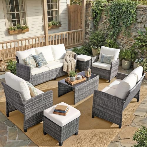 FHFO 7 Piece Patio Furniture Set, Outdoor Sectional Furniture Wicker Conversation Sofa Set, Includes 3-Seater Sofa, Loveseat, Single Sofa, Tempered Glass Coffee Table, Ottoman (Grey/Beige)